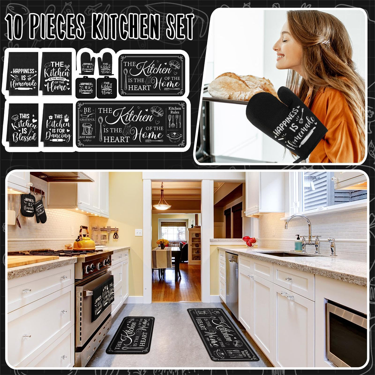 Fourluoo 10 Pcs Farmhouse Kitchen Decor and Accessories Set 4 Kitchen Towels 2 Pot Holders 2 Oven Mitts 2 Rugs for Cooking Baking Mom Housewarming Gifts(Black,Classic Style)