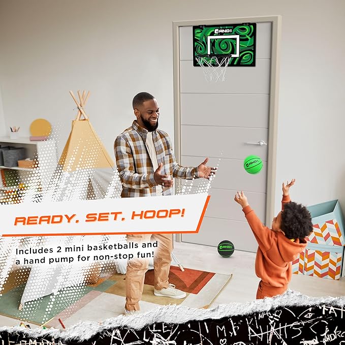 AND1 Over the Door Mini Basketball Hoop: 18x12 Shatterproof Backboard, 2 Mini Basketballs, and Hand Pump Included- Ultimate Indoor Basketball Accessory for Kids and Adults, No Tools Required