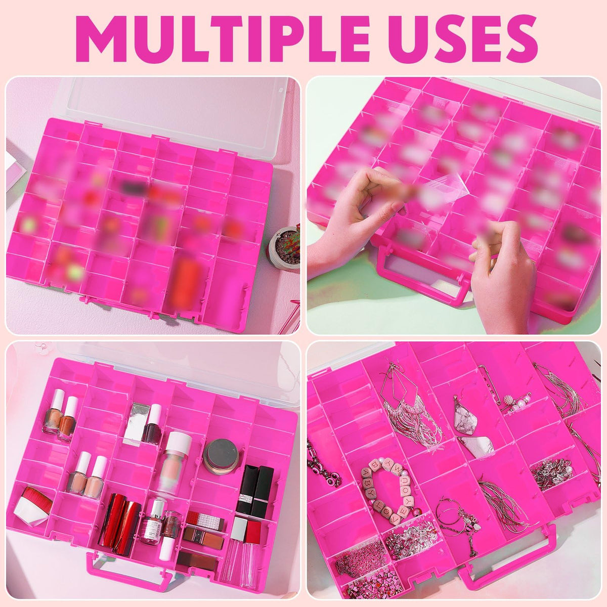Juexica 2 Pcs Large 48 Grids Plastic Storage Bead Organizer Box, Tackle Box, Compartment Organizer Container with Adjustable Dividers for Jewelry Art Crafts Toys Screw Small Parts(Pink)