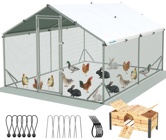 Quictent Large Metal Chicken Coop Run for 20+ Poultry with Beige Nest Box, Side Hardware Cloth & Cover, Advanced Series Outdoor Walk-in Cage Hen Duck Rabbit Dog Pen Yard Farm House, 12x9x6.6FT
