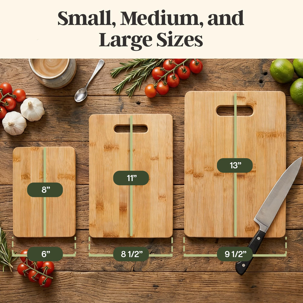 Totally Bamboo 3-Piece Cutting Board Set, Bamboo Wood Cutting Boards for Kitchen with Built-In Handles, Reversible Chopping Boards in Small, Medium, and Large Sizes