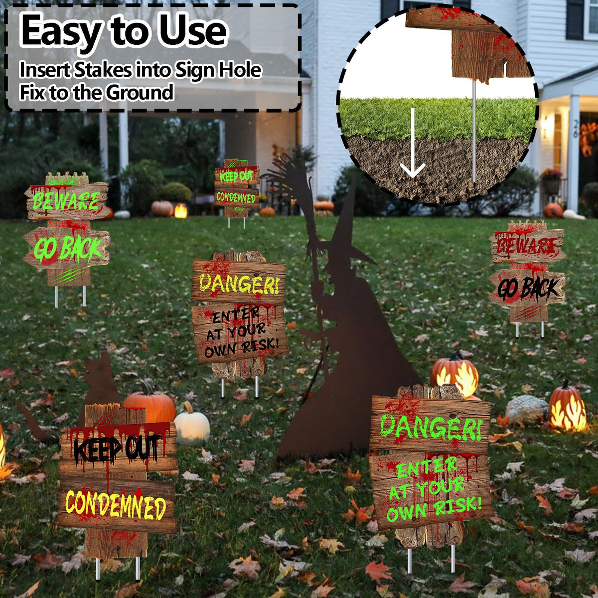Halloween Decorations Beware Signs Yard Stakes Outdoor Creepy Assorted Warning Sign,Scary Zombie Theme Party Decor Supplies,3 Pieces
