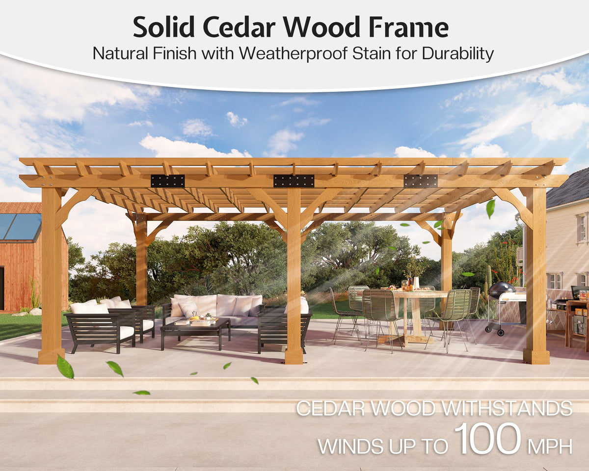 Jocisland 12x20 FT Premium Cedar Wood Pergola with Trellis Roof & Weather-Resistant Support, Outdoor Pergola Kit with Stakes, Garden Gazebo for Patio, Backyard & Events, Reddish-Brown