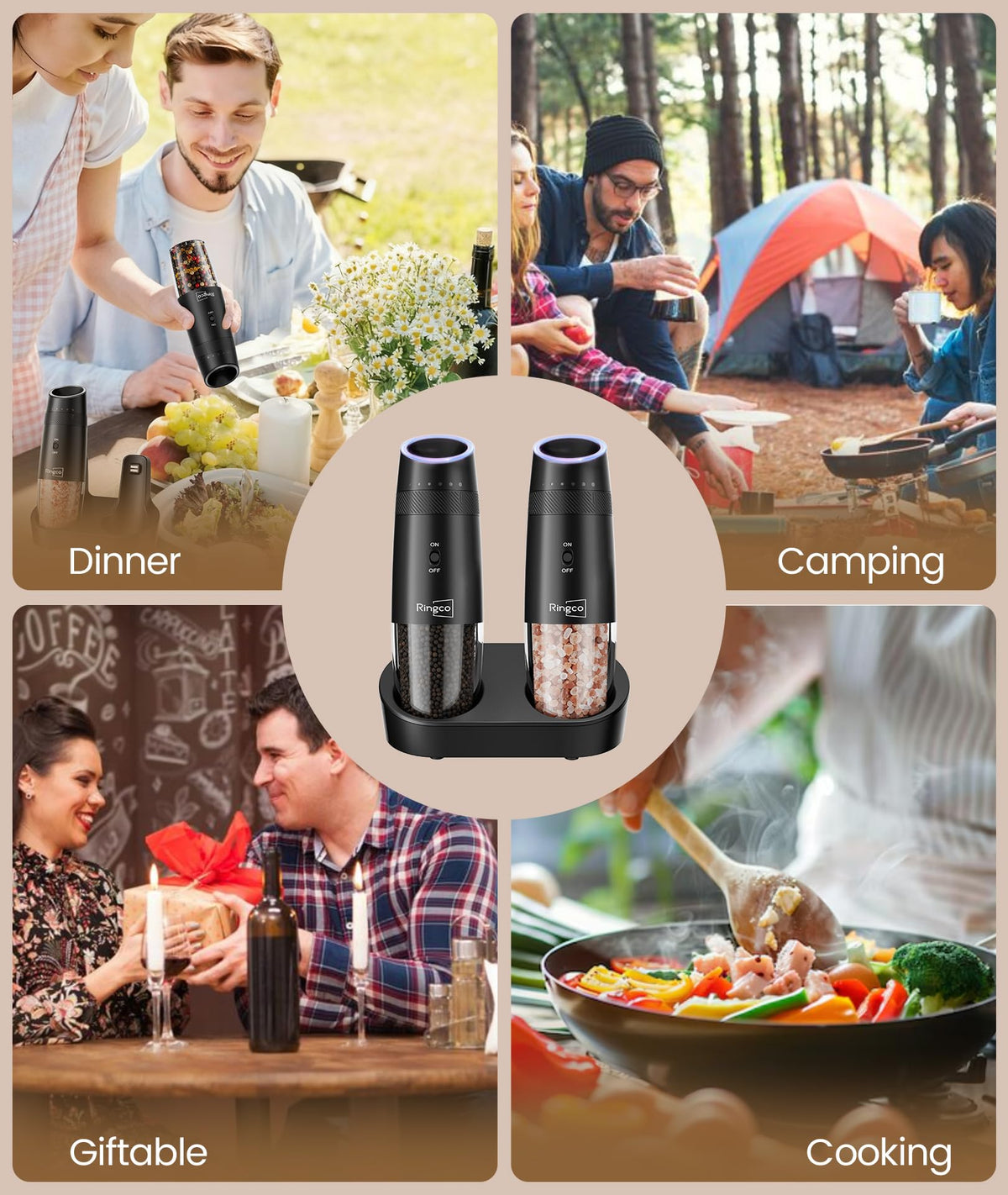Ringco Gravity Electric Salt and Pepper Grinder Set with Charging Base, Automatic Gravity Salt and Pepper Mill with Adjustable Coarseness, LED Light, 135ml Large Capacity, Gifts for Women
