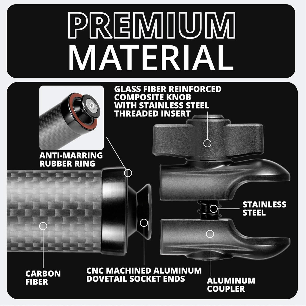 5" 20mm 20 20mm Tackform Long Ball and Socket Arm DuraLock Series Carbon Fiber Arm | Dual Sockets with Optional