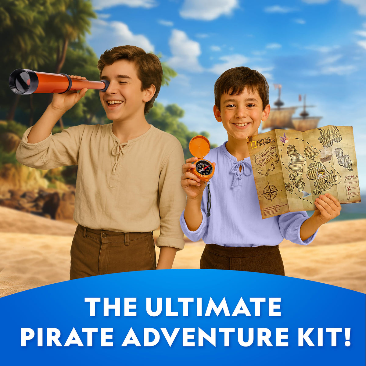 National Geographic Pirate Adventure Activity Kit – Dig for Treasure, Make a Pirate Hat & Map, Includes Spyglass, Compass, Replica Doubloon & Pyrite, STEM Toys, Telescope for Kids