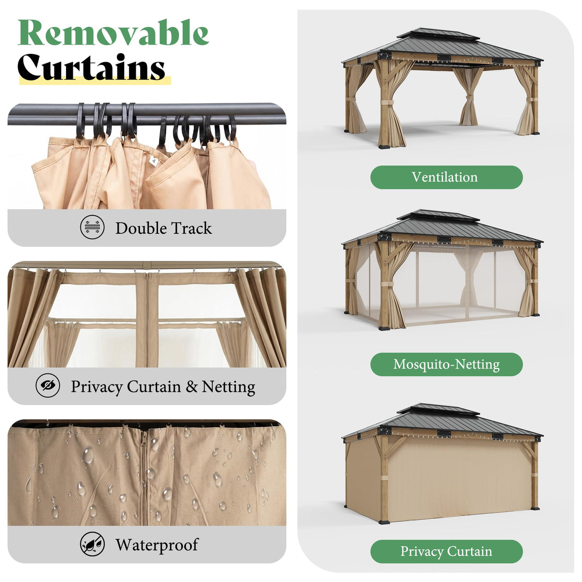 AMERLIFE 12' x 16' Heavy Duty Hardtop Gazebo with Double Metal Roof, Wood Gazebo with Privacy Curtains & Mosquito Netting, Outdoor Pavilion for Backyard, Garden & Patio, Brown
