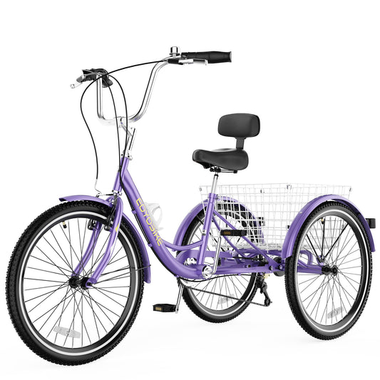 EOYOBIKE Adult Tricycle 3-Wheel Cruiser Bike, Low Step-Through, Heavy-Duty Comfort Trike with Adjustable Handlebar & Spring Saddle, Large Rear Basket, for Seniors & Adults (Amethyst Dusk, 24" Tire)
