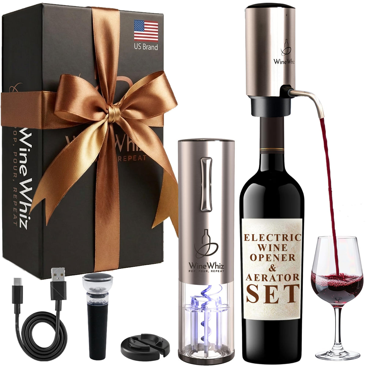 Electric Wine Aerator & Opener Set with Accessories, Rechargeable Automatic Corkscrew, Aerator, Dispenser, Foil Cutter Tool, Stopper, Wine Lovers Gift for Housewarming, Birthday, Registry, Anniversary
