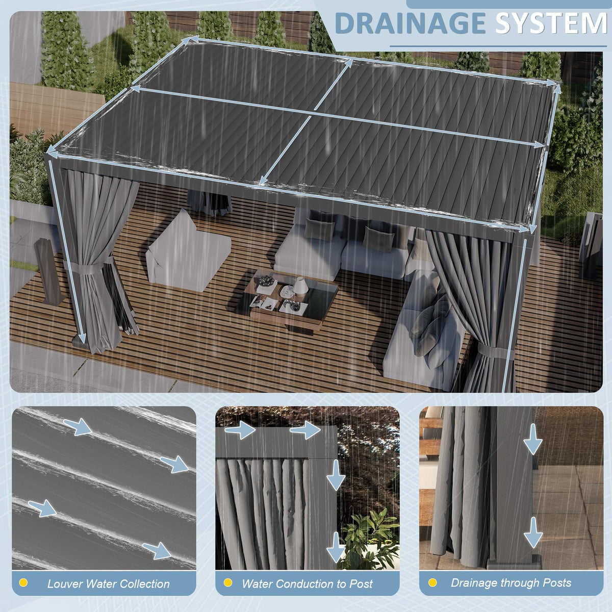 Aoxun Louvered Pergola 12' x 16' Aluminum Outdoor Pergola with Independent Adjustable Roofs, Curtains and Netting, Built-in Drainage System for Patios & Backyards, Rust Resistant Frame