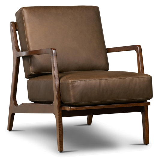 Poly & BARK Verity Leather Accent Chair – Armchair with Walnut Wood Frame – Fashion-Forward Lounge Seating for Living Room – Upholstered in Cocoa Brown Leather for Modern Style