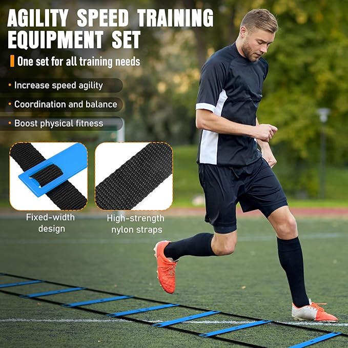 Agility Ladder, Speed Training Equipment Set, 20ft Agility Ladder, 12 Soccer Cones, 4 Hurdles, Jump Rope, Running Parachute, Basketball Football Soccer Training Equipment for Kids, Youth, Adults