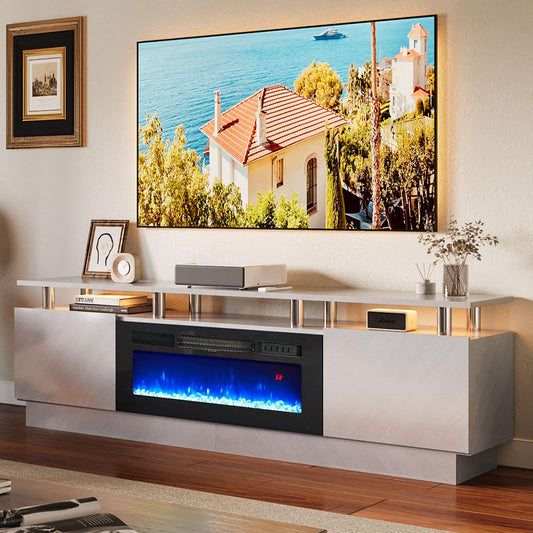oneinmil Fireplace TV Stand with 36” Electric Fireplace, 2 Tier TV Console Stand for TVs Up to 90"", LED Light Entertainment Center, Fireplace for The Living Room TV Stand, Black, 80''