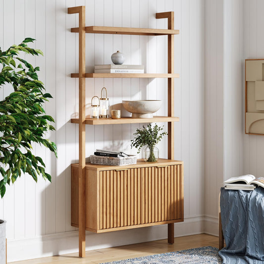 Nathan James Jasper 3-Shelf Solid Wood Boho Bookshelf, Wall Mounted Bookshelf with Cabinet with Fluted Doors, Natural Brown