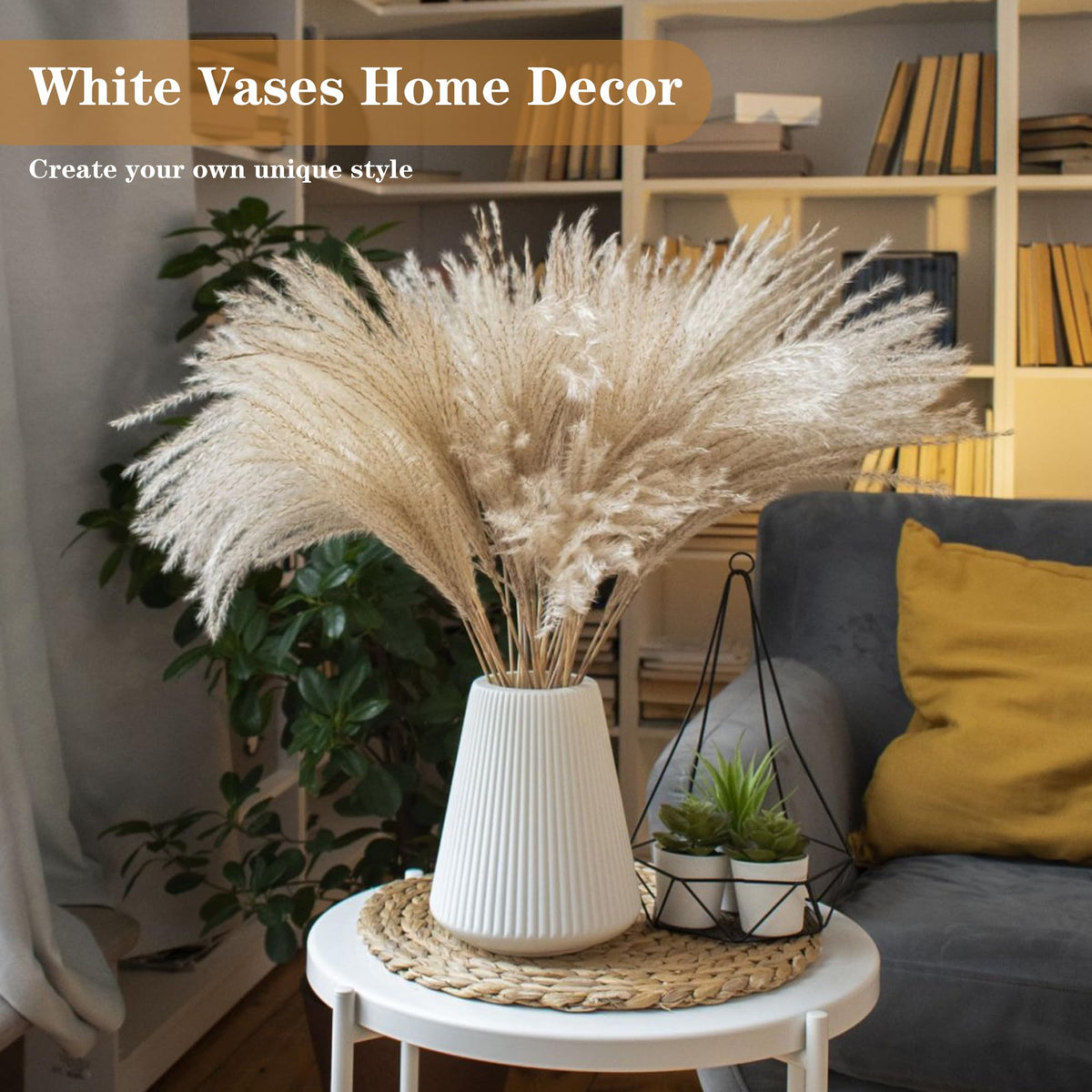 White Ceramic Vase, GUKJOB Small Cute Flower Vase for Pampas Grass, Home, Living Room, Dining Table, Farmhouse, Office Decor, Bedroom, Table, and Kitchen Shelf (White- 2PCS)