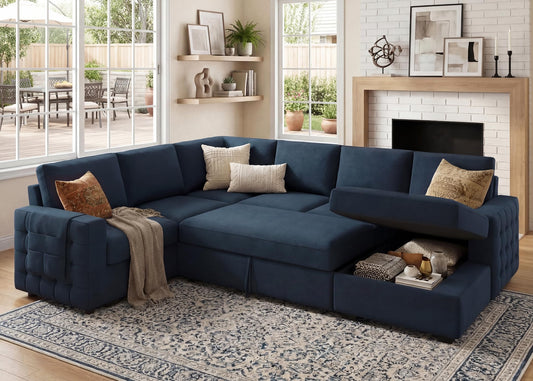 HONBAY Sectional Sleeper Sofa with Pull Out Bed U-Shape Sectional Couch Sleeper Bed with Storage Chaise Lounge Living Room 6 Seater Sectional Sofa,Velvet Dark Blue