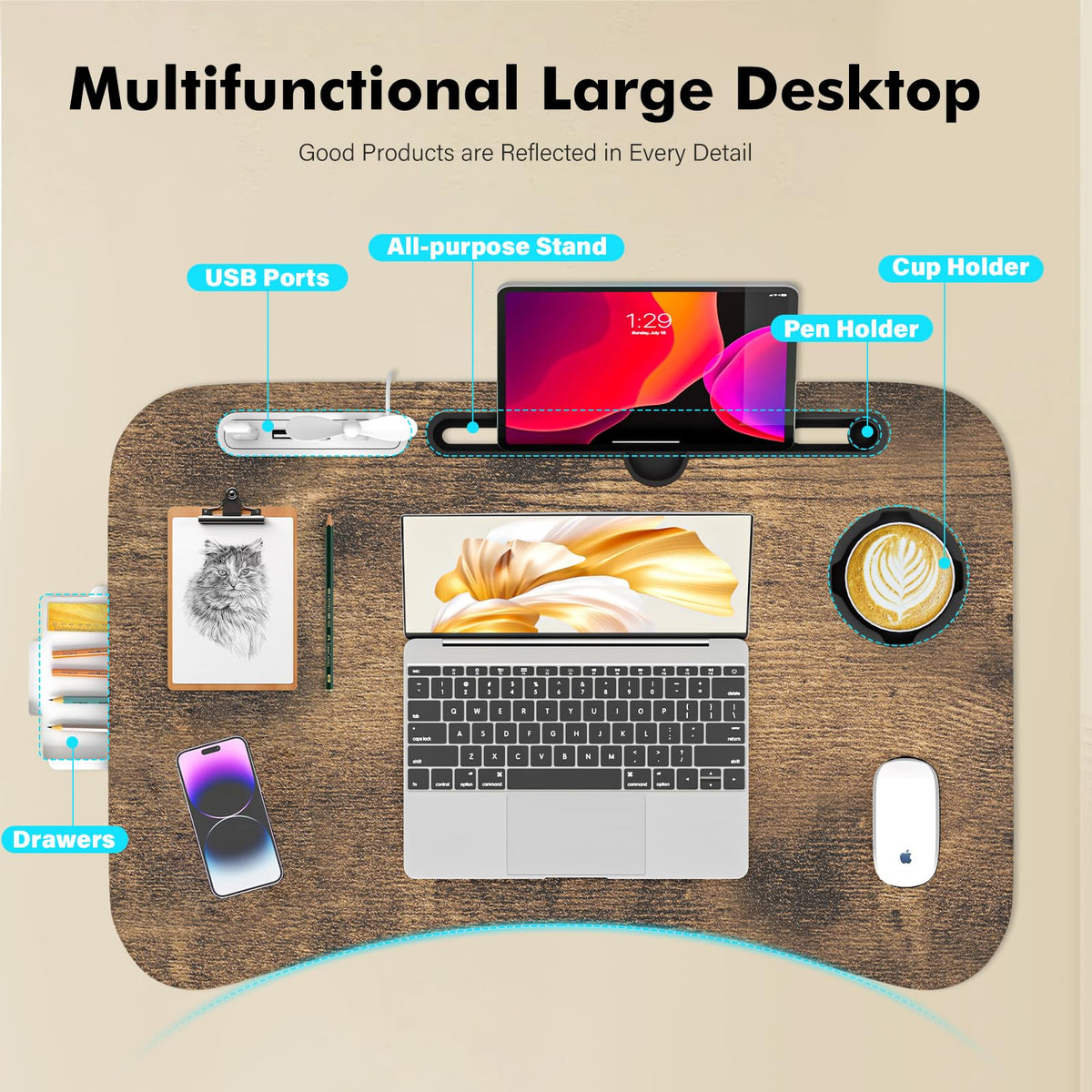 Lap Desk for Bed Adjustable Height, Foldable Bed Table with Storage Drawer, Tablet Slot & Cup Holder, Portable Laptop Stand for Bed & Sofa, Bed Desk for Adults & Kids, Carbonized