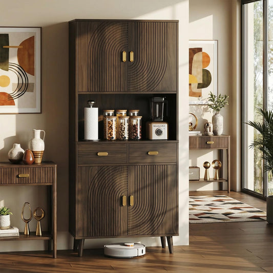 LIKIMIO 71.6" Tall Kitchen Pantry Cabinet, Walnut Mid-Century Hutch Cabinet with Storage- 3 Adjustable Shelves, 2 Drawers, Multi-Room Pantry