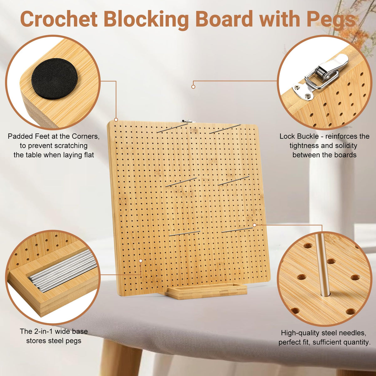 Aulin 15.5"" x 15.5"" Foldable Crochet Blocking Board with Pegs | 35 Stainless Steel Rod Pins - Upgrade Large Blocking Boards for Crochet Projects, Gifts for Crocheters, Mothers, Grandmothers