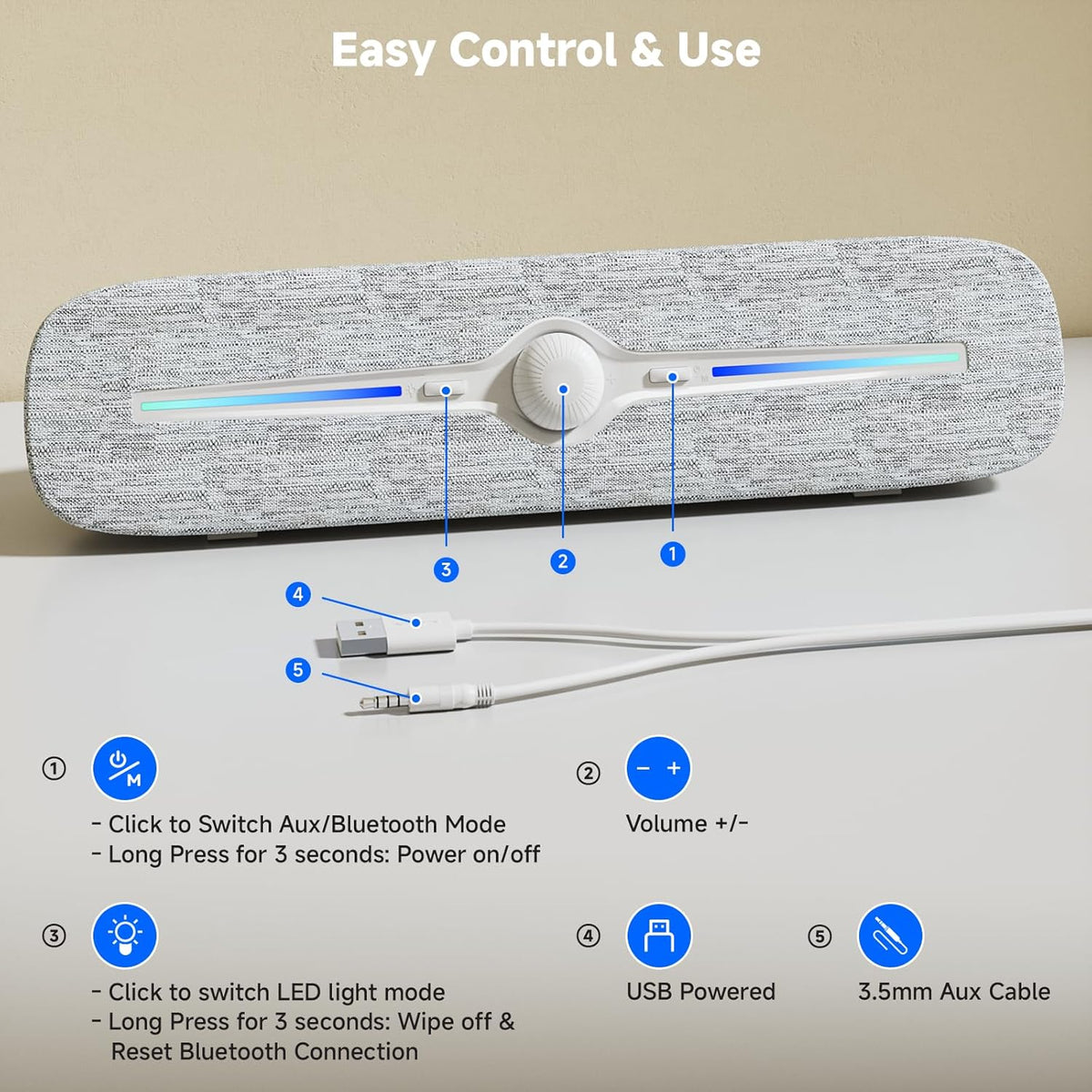 SOULION 3.5mm Computer Speakers for Desktop, USB Powered Bluetooth PC Speaker with Led Light, Aux Soundbar with Rotary