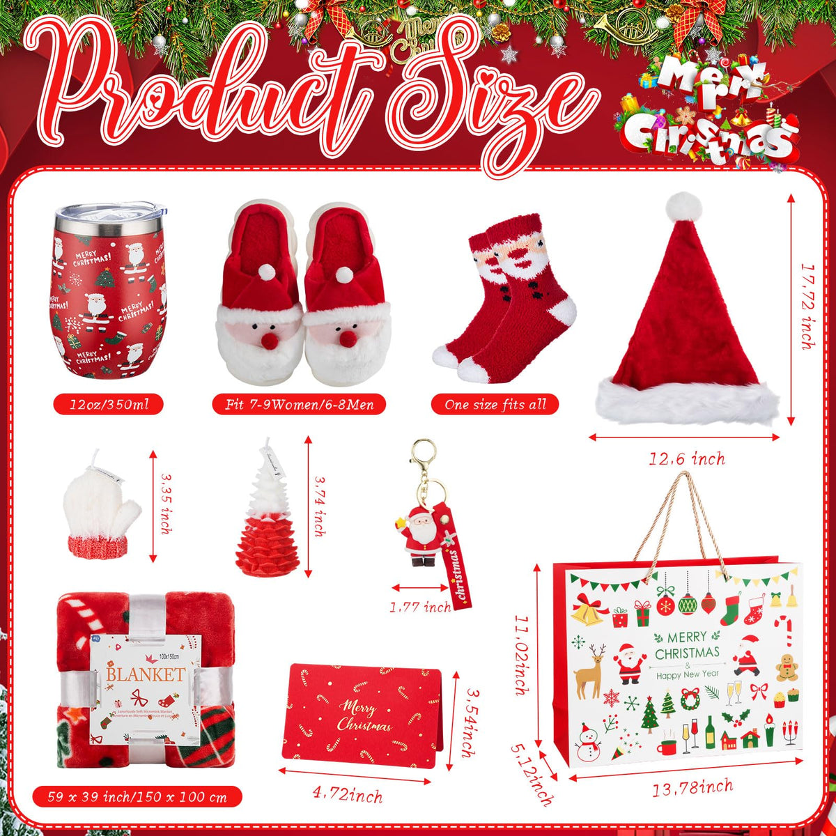 Patelai 10 Pcs Christmas Gifts Merry Christmas Gift Basket Set Xmas Hat 12 oz Tumbler Gift Bag Blanket Slippers Socks Candles Keychain Greeting Card for Women Wife Coworkers Friend Teacher