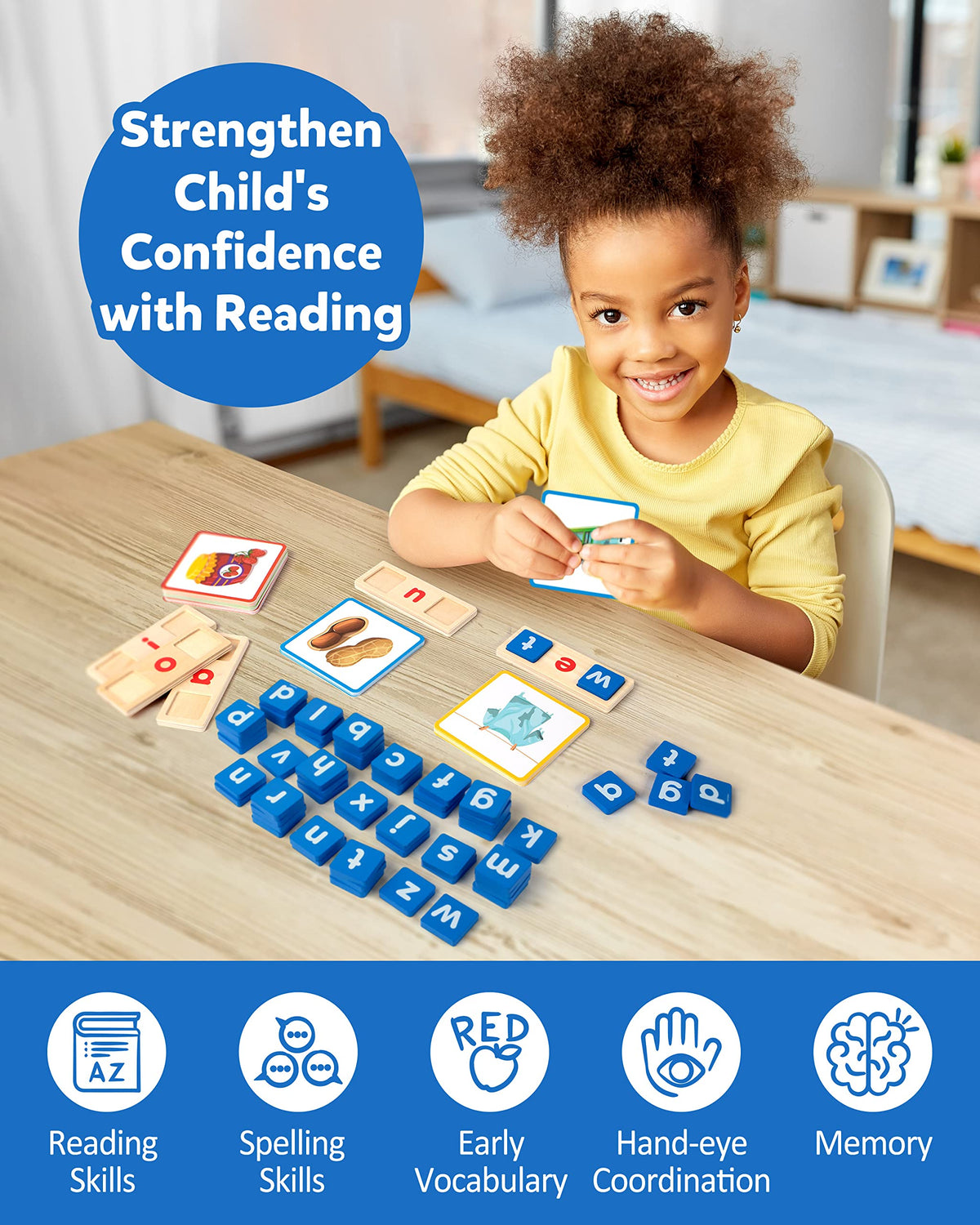 Coogam Wooden Short Vowel Reading Letters Sorting Spelling Games, Site CVC Words Learning Flashcards Alphabet Puzzle Montessori Educational Toy Gift for Kids 3 4 5 Years Old