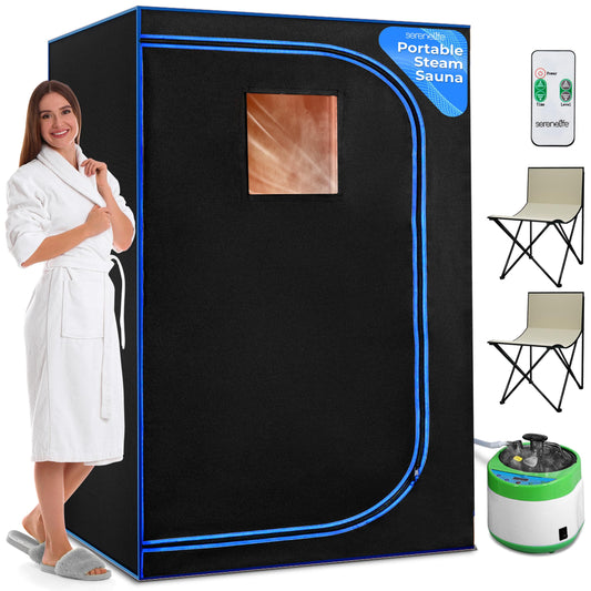 SereneLife Portable Sauna for Home, 2-Person Steam Sauna Tent with 4L Steamer, 2 Foldable Sauna Chairs, Remote Control for in-Home Spa Rejuvenation, 71"x47" (Black)