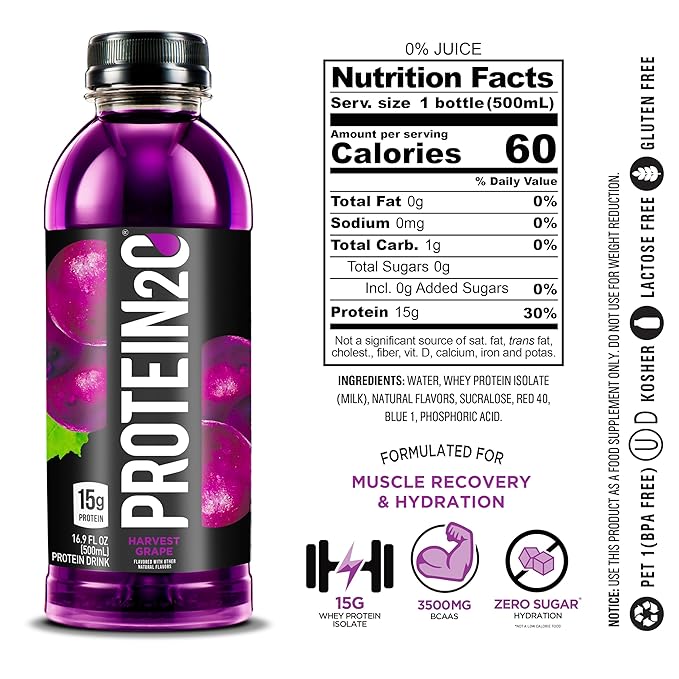 Protein2o 15g Whey Protein Isolate Infused Water, Ready To Drink, Sugar Free, Gluten Free, Lactose Free, Harvest Grape, 16.9 oz Bottle (Pack of 12)