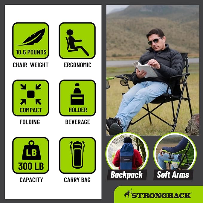 STRONGBACK Camping Chair Guru Heavy Duty Camping Chairs with Lumbar Suppor - Backpack Folding Camp Chair - Navy