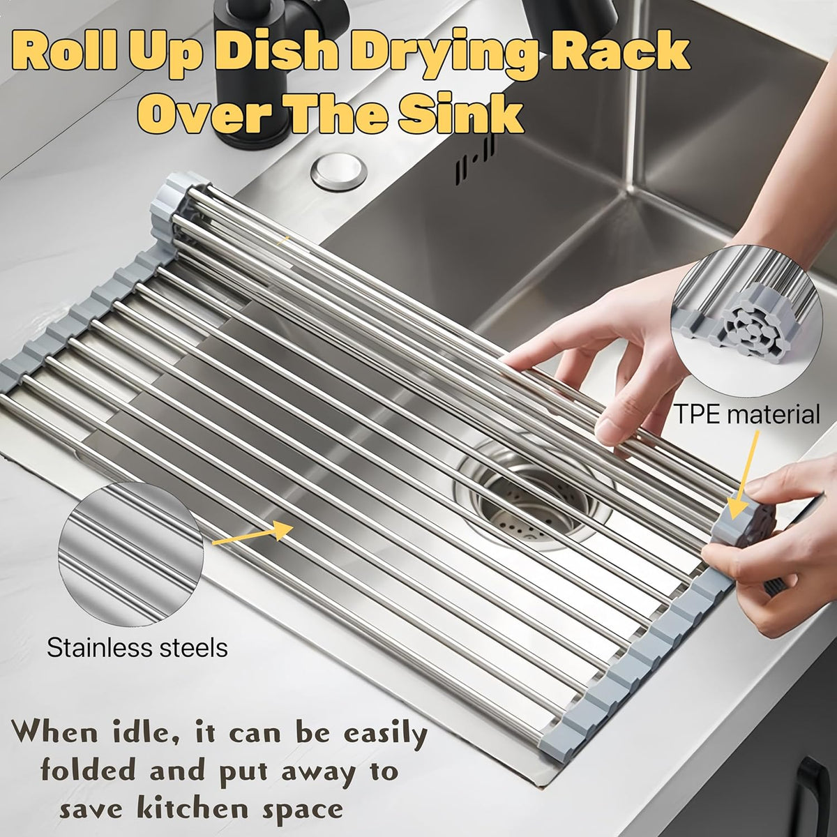 Skiennix Roll Up Dish Drying Rack - Foldable Stainless Steel Kitchen Rack | 17.7" x 11.8" (Grey)
