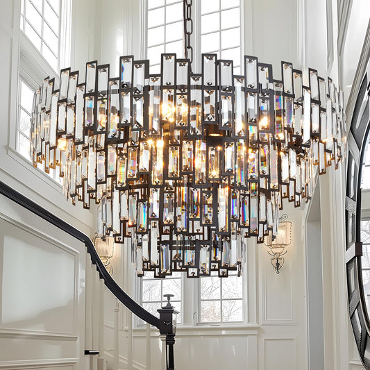 ANTILISHA Modern Crystal Chandelier Lighting Hall Grand Living Room Stairway Chandeliers Pendant Light Fixture for High Ceiling Hanging Round Large Black