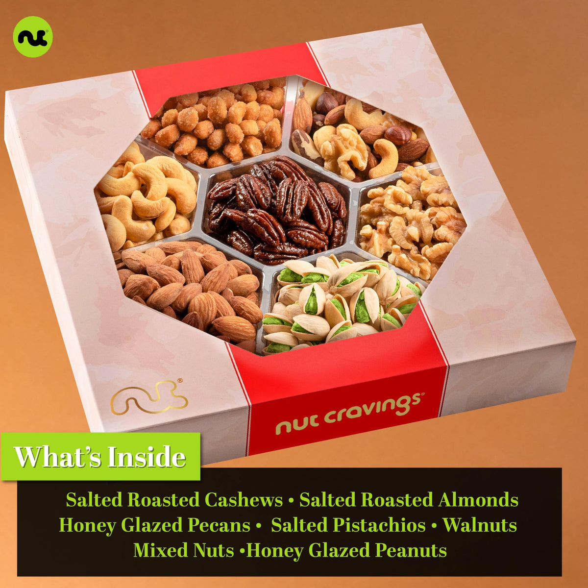 NUT CRAVINGS - Mothers Day Treats, Mixed Nuts Gift Basket in Red Gold Box (7 Assortments, 1 LB) Treats for Adults, Food Arrangement, Healthy Snack Care Package, Kosher