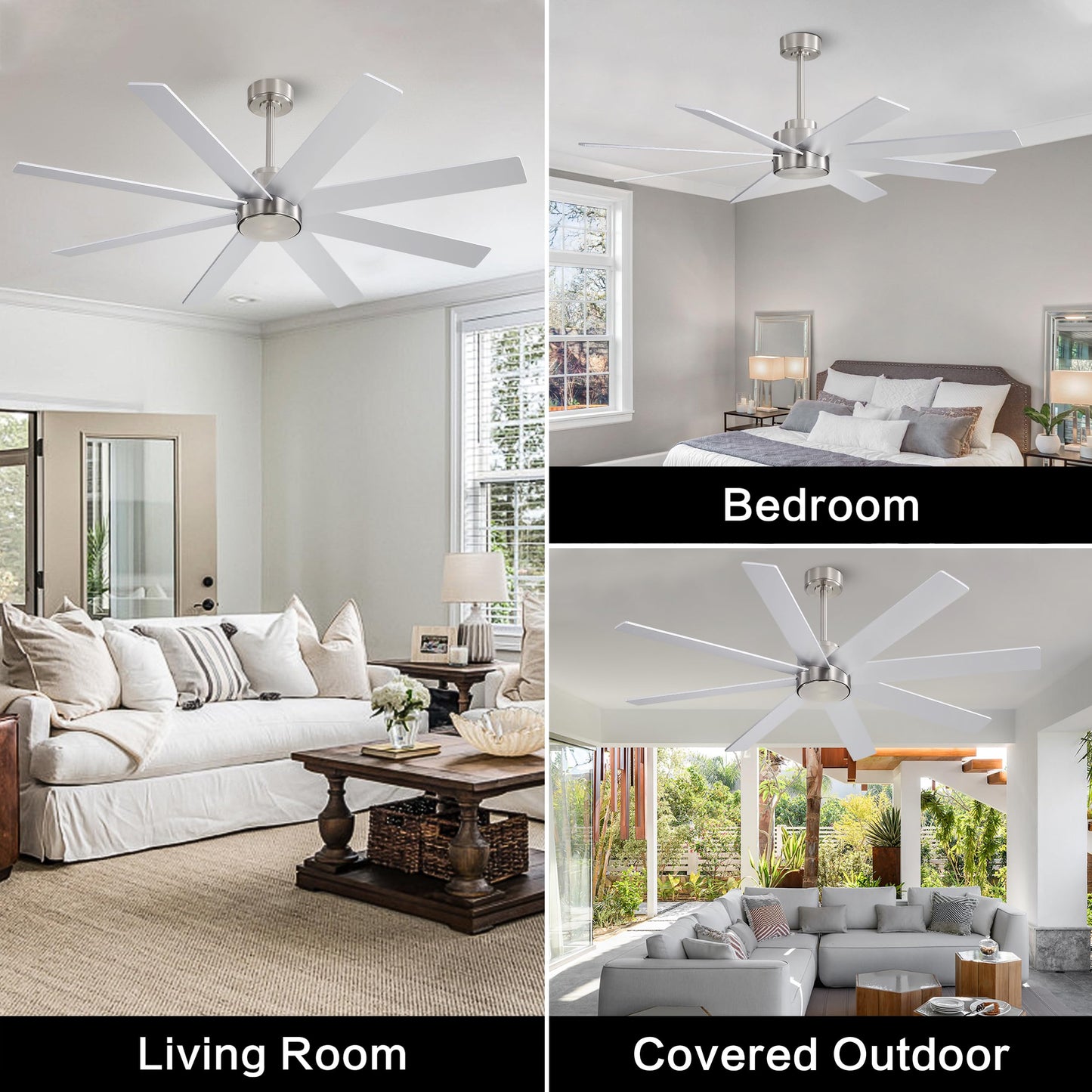 WINGBO 60" Large DC Ceiling Fans without Lights, 3 Downrods, 8 Plywood Blades, 6-Speeds Reversible DC Motor, Indoor Ceiling Fan No Lights for Bedroom Living Room Patio, Brushed Nickel and Silver