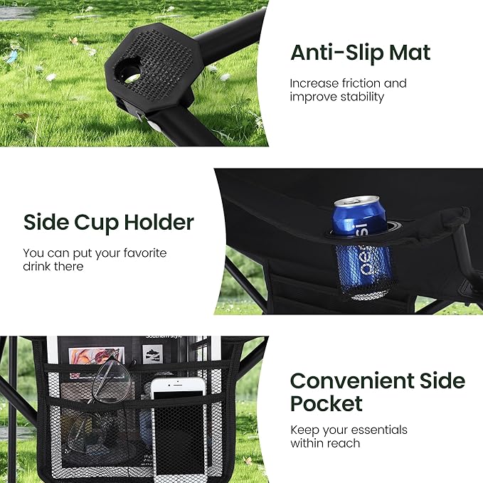 HIGH POINT SPORTS 2 Pack Portable Camping Chair for Adults, Folding Outdoor Camp Chair Lightweight Lawn Chairs Folding Collapsible Chair for Camping, Tailgates, Beach, Black, Support 250 lbs