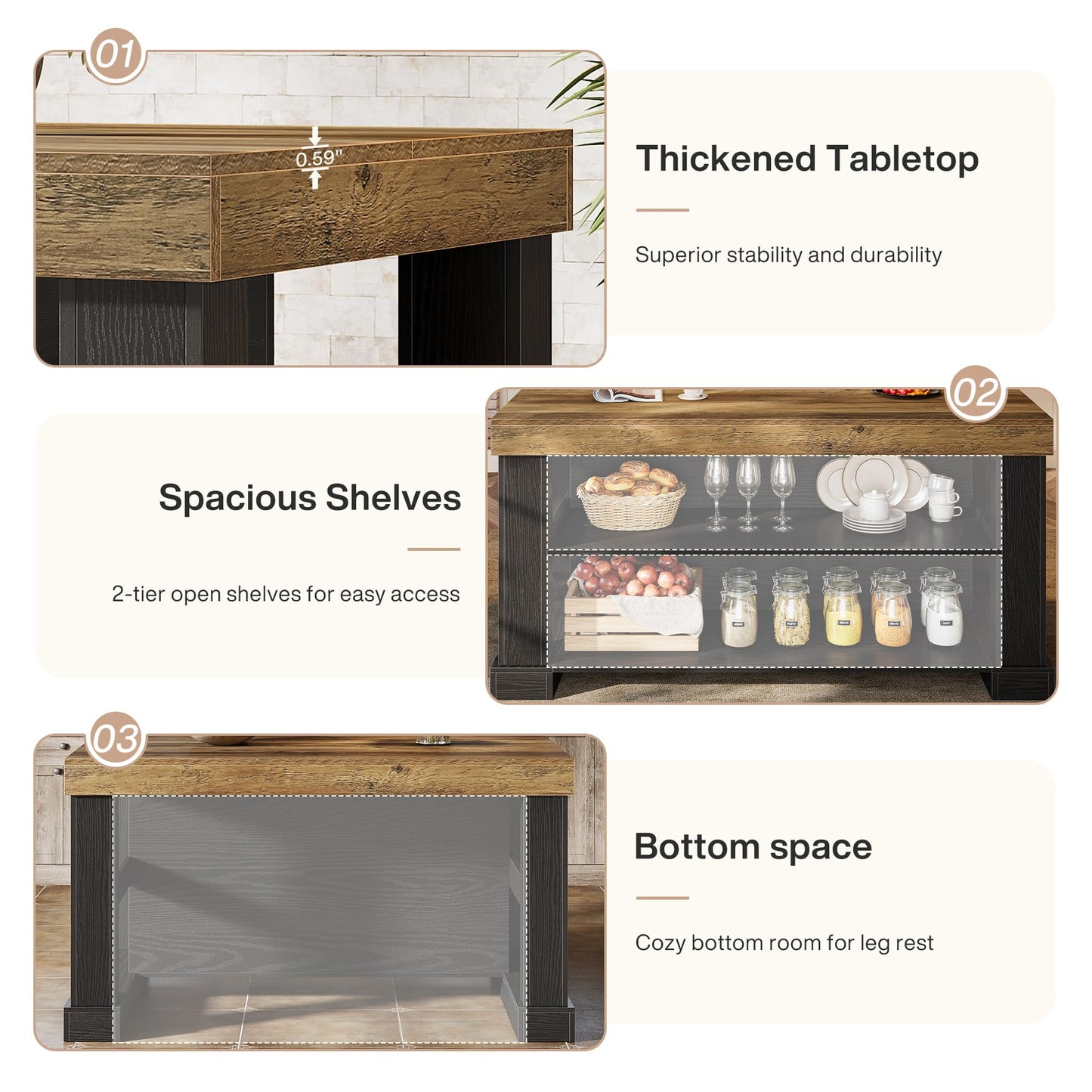Tribesigns Kitchen Island with Storage, 55-Inch Farmhouse Stationary Island Table with Large Countertop, 3-Tier Wooden Center Bar Table for Kitchen, Dining Room, Black and Brown