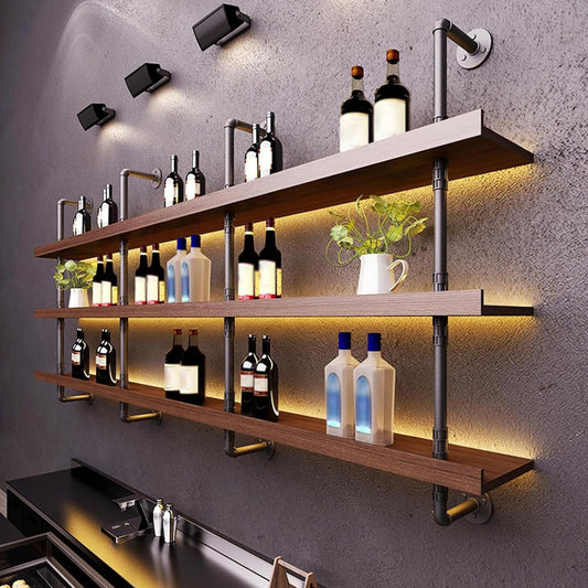Dawselod 78.7in Large Wine Rack with LED Light Solid Wood Wall Mounted Wine Rack, 3-Tiers Liquor Bottles Floating Shelves Display Storage Organizer for Home Bar & Dining Room (200cm/78.7in)