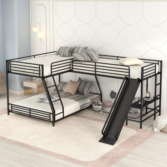 Acosure L-Shaped Twin Over Full Bunk Bed with Twin Size Loft Bed Frame Have Desk/Slide/Integrated Ladder/Full-Length Guardrails/Metal Slats Support/Easy to Assemble,for Adult Boy Girl,Black