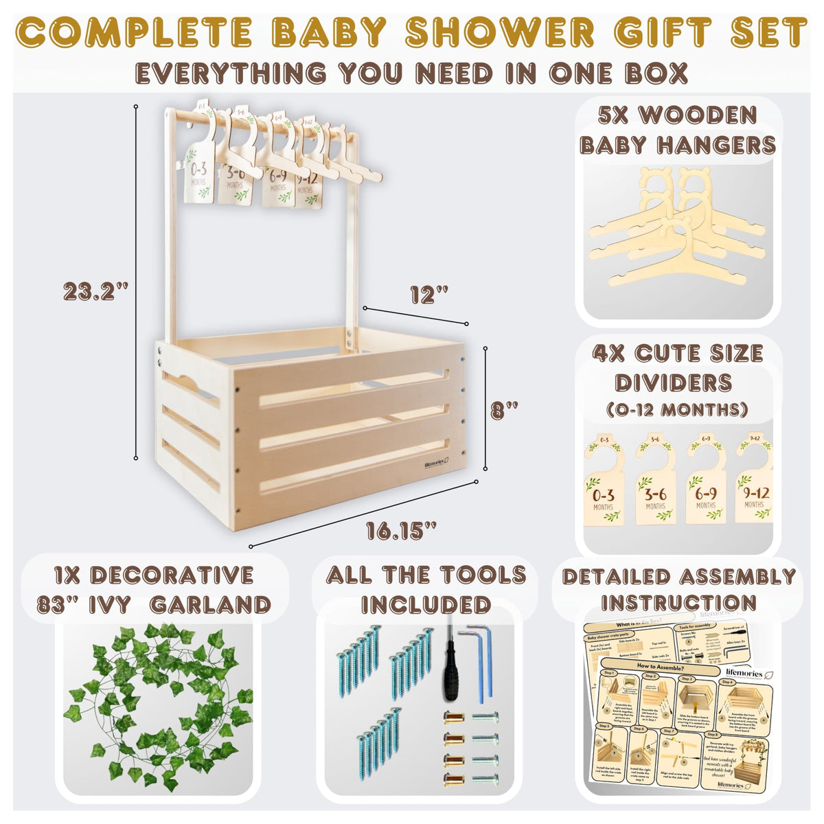 Lifemories Wooden Baby Shower Crate Closet with Clothes Hangers & Dividers, Large Gift Basket for Boys & Girls, Wood Box Storage & Display with Handles & Ivy Garland, Welcome Gifts for New Parents.