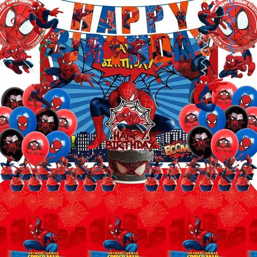 51PCS spidey birthday party supplies, backdrop, "Happy Birthday" banner,tablecloth, large aluminum balloon, small aluminum balloons, latex balloons, cake topper,cupcake toppers, hanging swirls