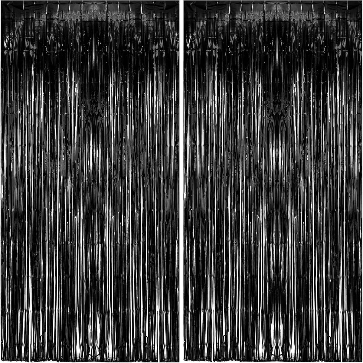 Skiennix Foil Curtain Backdrop - Black Metallic Tinsel Fringe for Photo Booths | 2 Pack Party Decorations