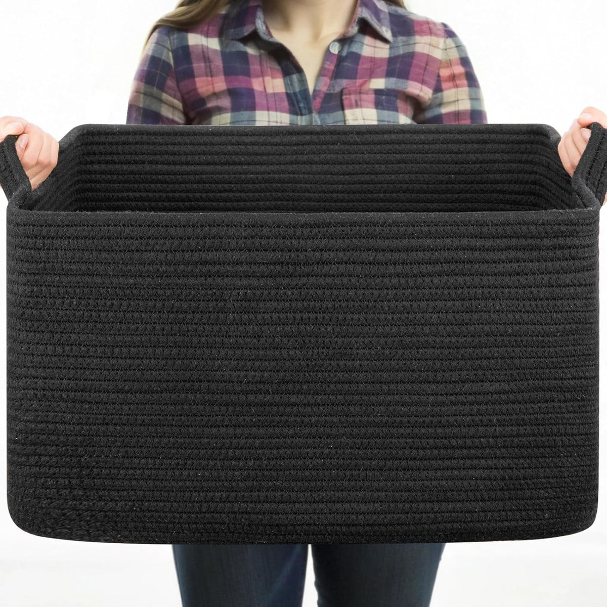 OIASKET Large Black Blanket Basket - Stylish Woven Storage for Toys, Towels & Laundry
