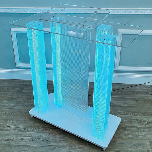 BTZHY Lectern Podium Stand, Acrylic Pulpit Podium Blue Lights Speech Stage, Floor Podium with Casters, Church Podium,Transparent Rolling Reception Desk,Vertical Reading Platform(Color : Clear)