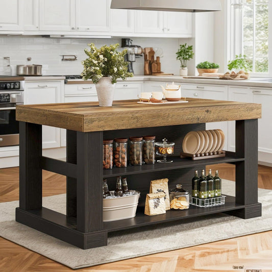 Tribesigns Kitchen Island with Storage, 55-Inch Farmhouse Stationary Island Table with Large Countertop, 3-Tier Wooden Center Bar Table for Kitchen, Dining Room, Black and Brown