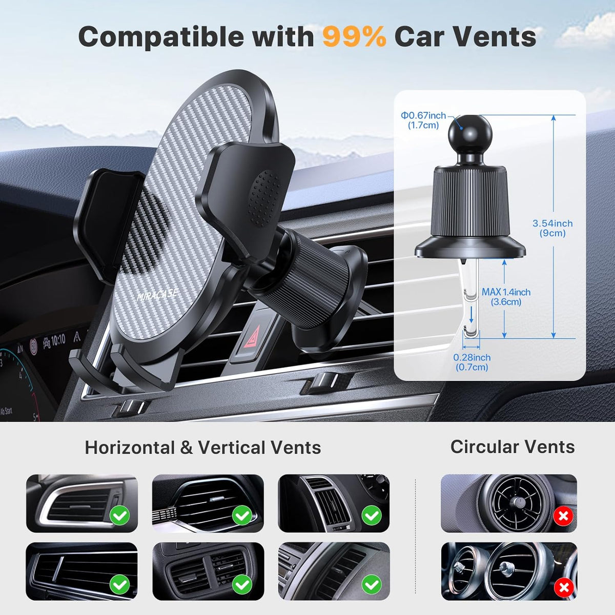 Miracase 2 Pack Phone Holders for Your Car with Metal Hook Clip, Air Vent Cell Phone Stand Car Mount, Universal