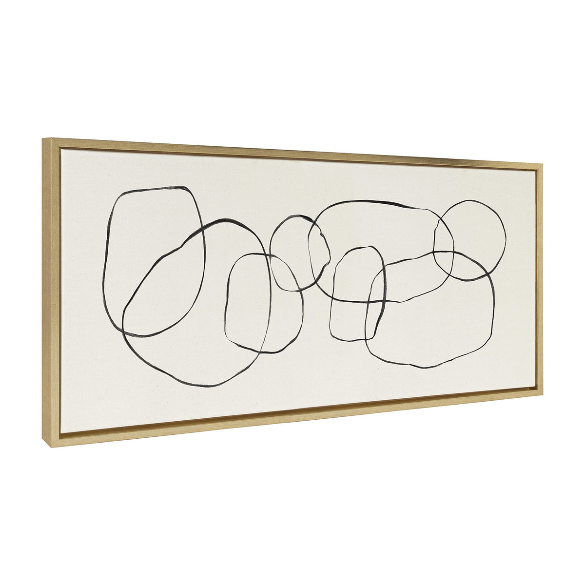 Kate and Laurel Sylvie Dancing Circles Framed Linen Textured Canvas Wall Art by Teju Reval of SnazzyHues, 18x40 Gold, Neutral Abstract Wall Decor