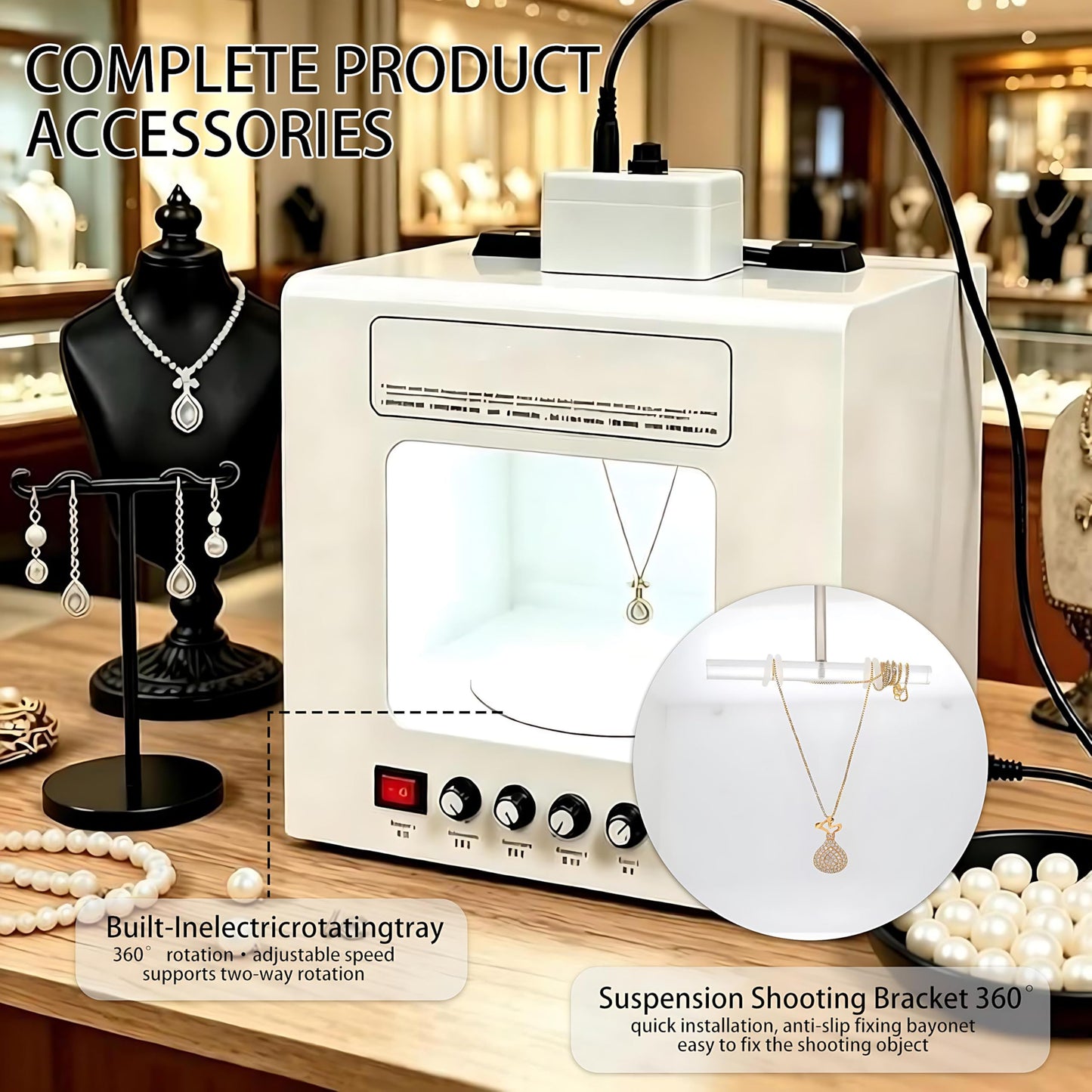 QIUNAOZI Professional Jewelry Photography Light Box Kit. Smart Photography Turntable, Turntable Diameter 11/15cm, 4pcs Fill Lights, Support Jewelry Hanging or Placing Black-TB20