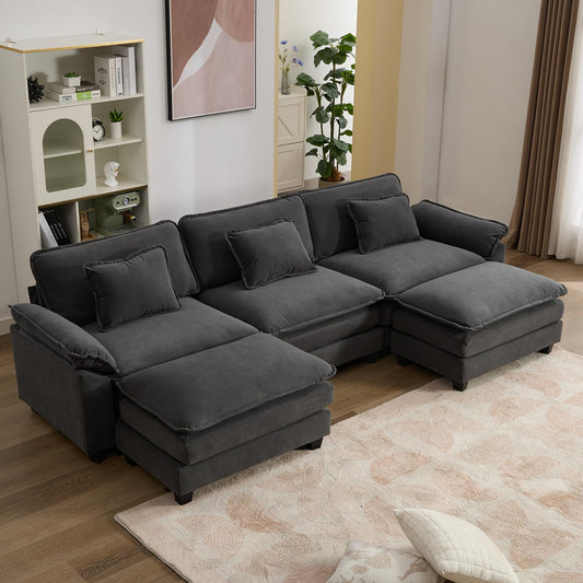 IPKIG 117" Modular Sectional Sofa, Velvet U-Shaped Sectional Couch Comfy Upholstered 3-Seat Sofa with 2 Ottoman, 3 Lumbar Pillow, Deep Seat Cloud Couch Sofa for Living Room, Dark Grey