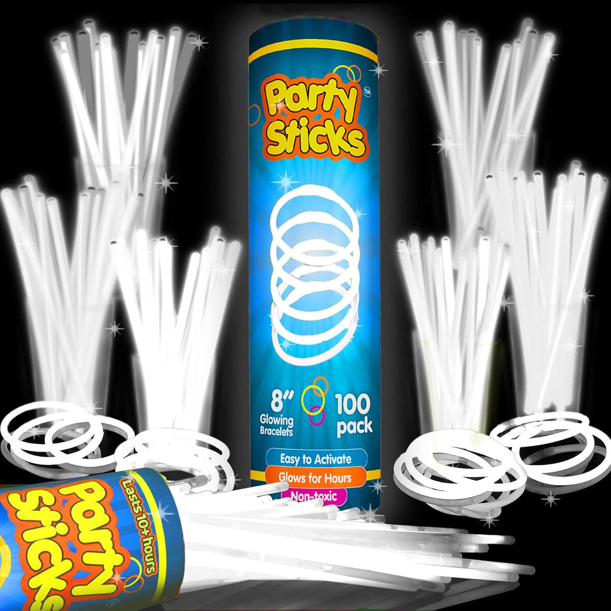 PartySticks White Glow Sticks - 100 Pack | 8-Inch Glow In The Dark Party Favors & Decorations