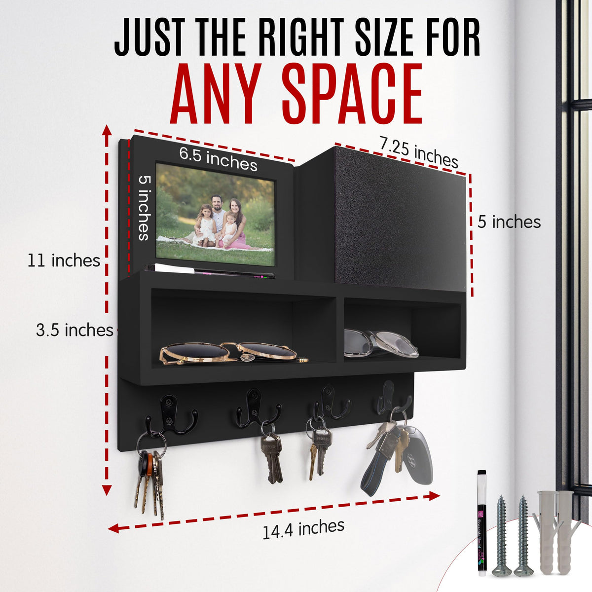 Spacelog Key and Mail Holder for Wall with Chalkboard – Magnetic Photo Frame Key Holder Wall Mount, Black, Dual Storage & Cupboards Mail and Key Organizer for Wall