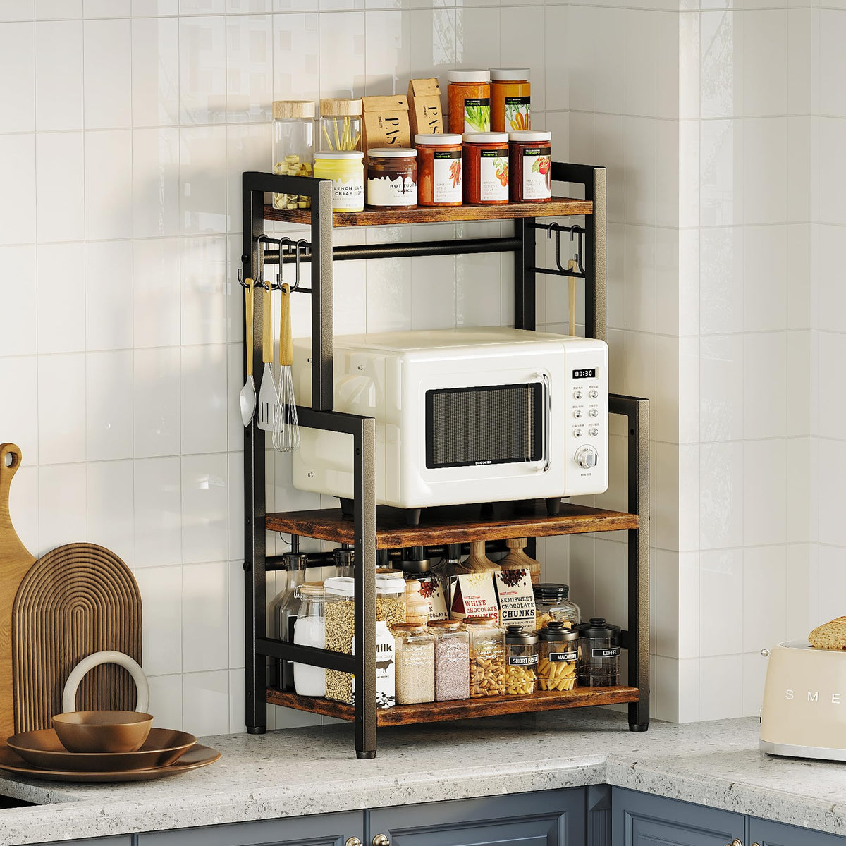 Kitchen Countertop Organizer,3 Tier Large Spice Rack Organizer with Adjustable Shelf and 5 Hooks,Wooden Counter Organizer,Space Saving Countertop Shelf Microwave Stand for Kitchen,Bathroom,Coffee Bar